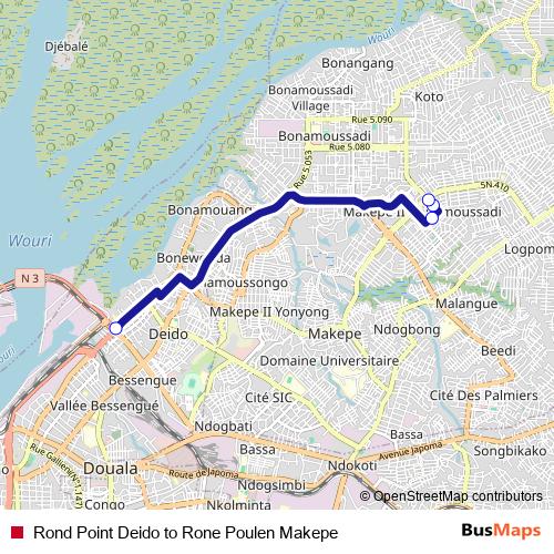 Rond Point Deido to Rone Poulen Makepe bus Line Map