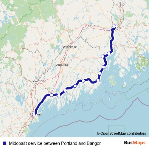 Midcoast service between Portland and Bangor bus Line Map