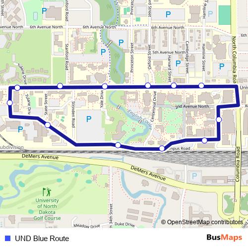 UND Blue Route bus Line Map