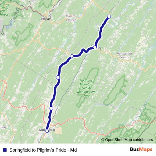 Springfield to Pilgrim's Pride - Md bus Line Map