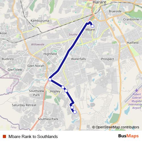 Mbare Rank to Southlands bus Line Map