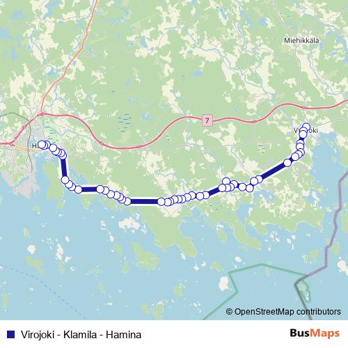 Virojoki - Klamila - Hamina bus Line Map