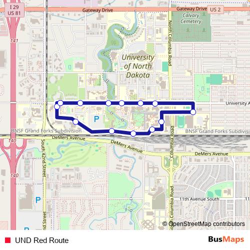 UND Red Route bus Line Map