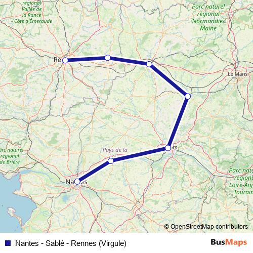 Nantes - Sablé - Rennes (Virgule) rail Line Map