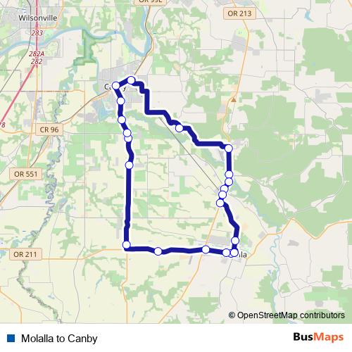 Molalla to Canby bus Line Map