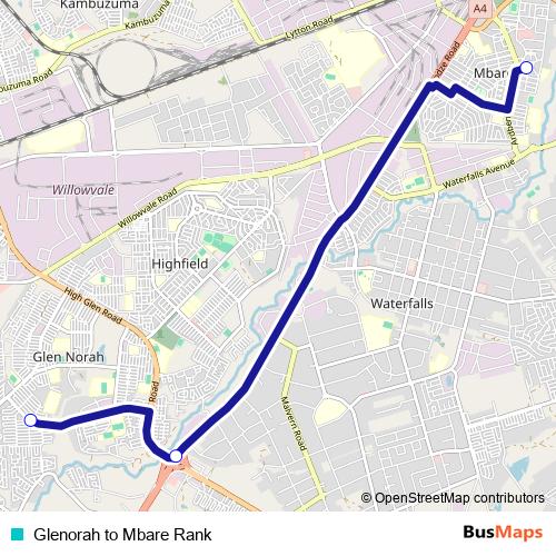 Glenorah to Mbare Rank bus Line Map