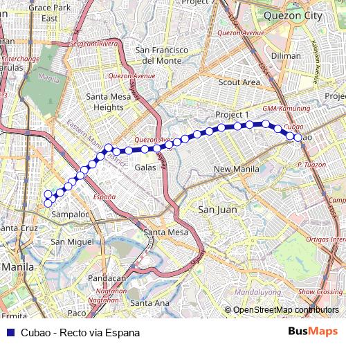 Cubao - Recto via Espana bus Line Map