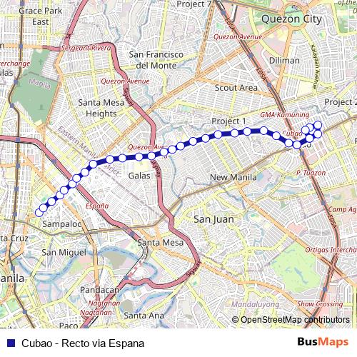 Cubao - Recto via Espana bus Line Map