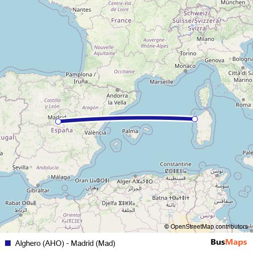 Alghero (AHO) - Madrid (Mad) air Line Map