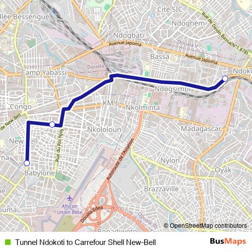 Tunnel Ndokoti to Carrefour Shell New-Bell bus Line Map