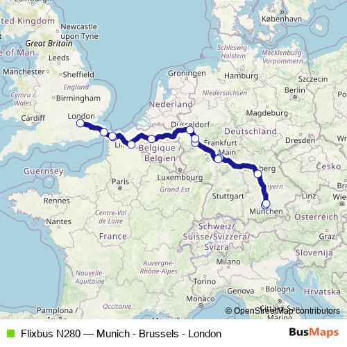 Flixbus N280 bus Line Map