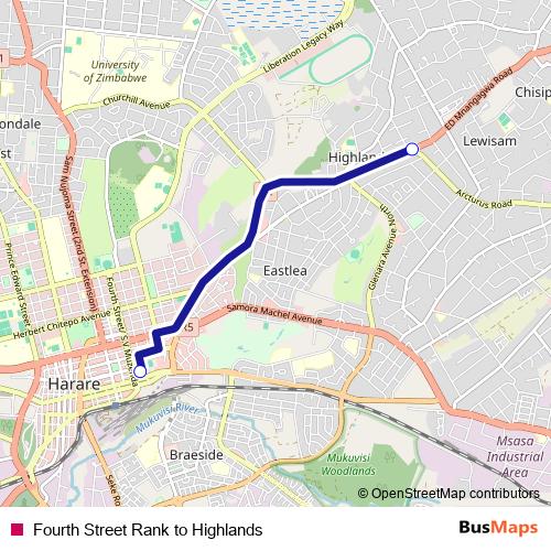 Fourth Street Rank to Highlands bus Line Map