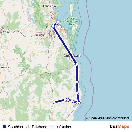Southbound - Brisbane Int. to Casino bus Line Map