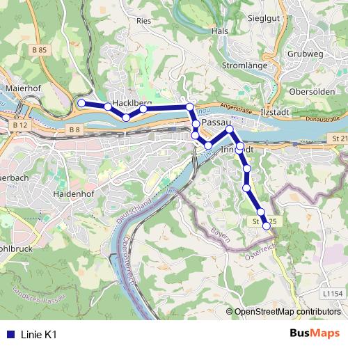 Linie K1 bus Line Map