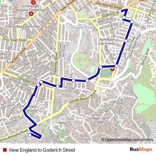 New England to Goderich Street bus Line Map