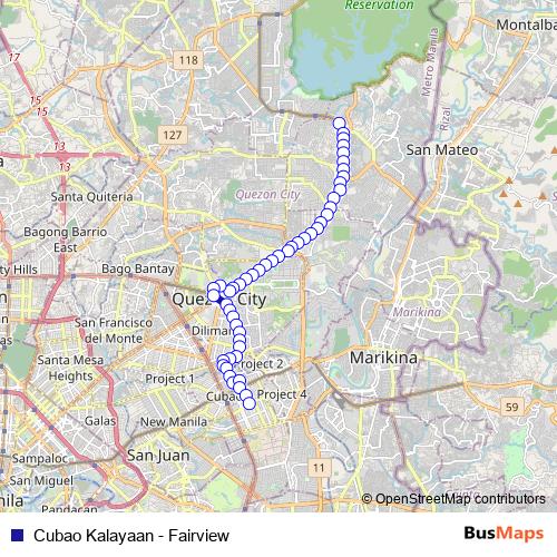 Cubao Kalayaan - Fairview bus Line Map