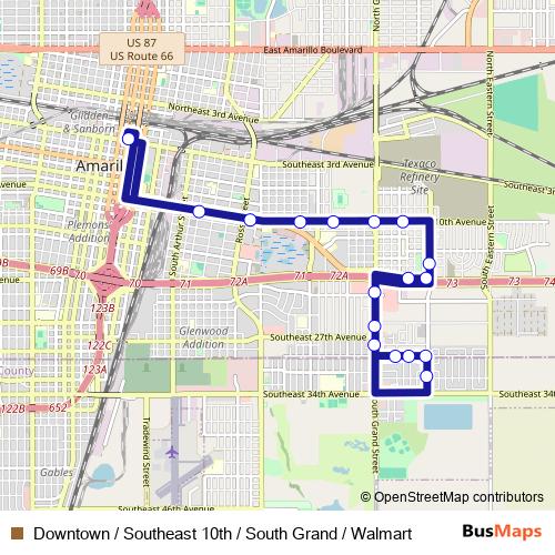 Downtown / Southeast 10th / South Grand / Walmart bus Line Map