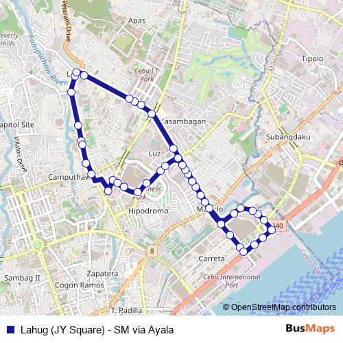 Lahug (JY Square) - SM via Ayala bus Line Map