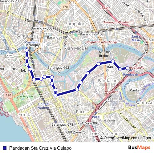 Pandacan Sta Cruz via Quiapo bus Line Map