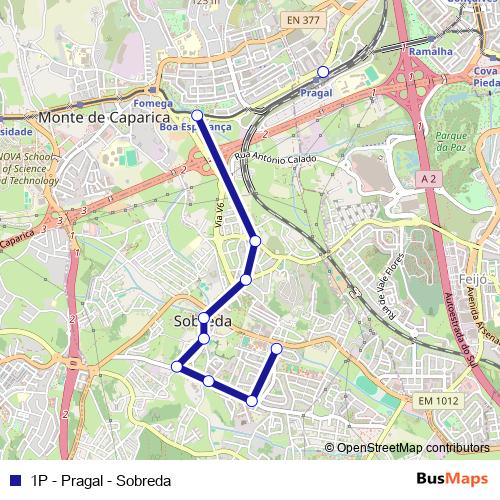 1P - Pragal - Sobreda bus Line Map