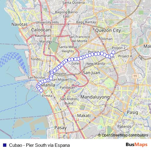 Cubao - Pier South via Espana bus Line Map