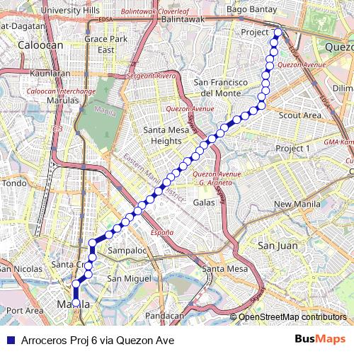Arroceros Proj 6 via Quezon Ave bus Line Map