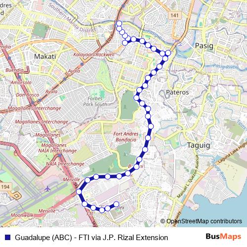 Guadalupe (ABC) - FTI via J.P. Rizal Extension bus Line Map