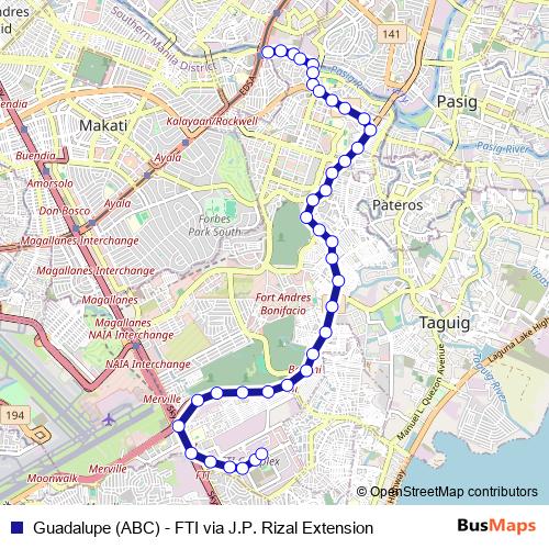 Guadalupe (ABC) - FTI via J.P. Rizal Extension bus Line Map