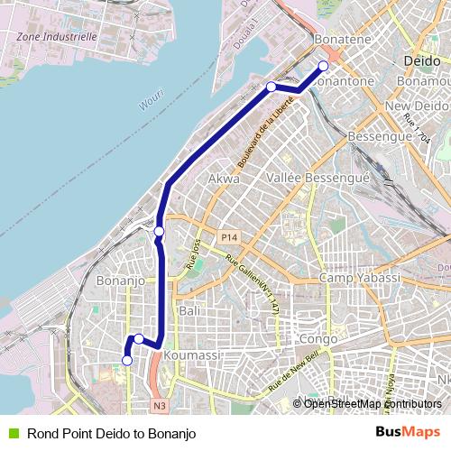 Rond Point Deido to Bonanjo bus Line Map