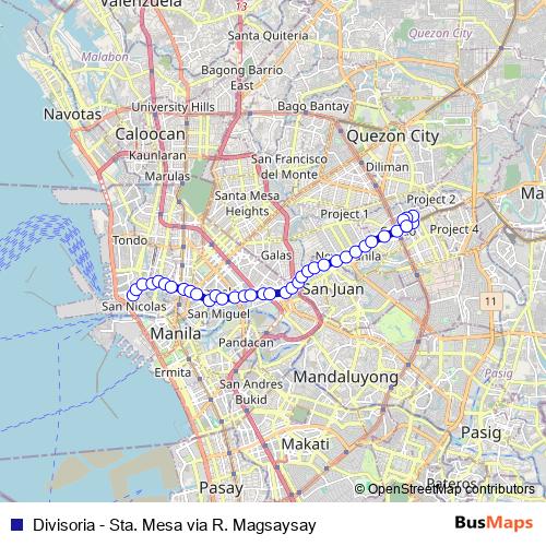 Divisoria - Sta. Mesa via R. Magsaysay bus Line Map