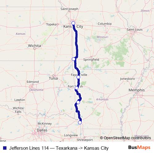 Jefferson Lines 114 bus Line Map
