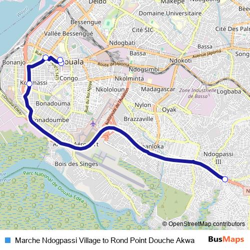 Marche Ndogpassi Village to Rond Point Douche Akwa bus Line Map