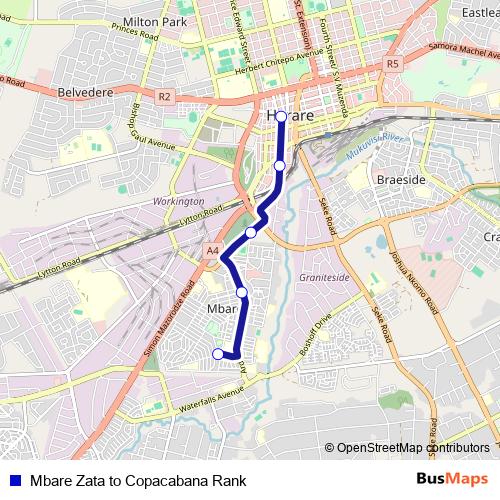 Mbare Zata to Copacabana Rank bus Line Map