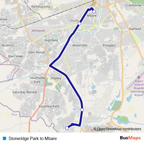 Stoneridge Park to Mbare bus Line Map