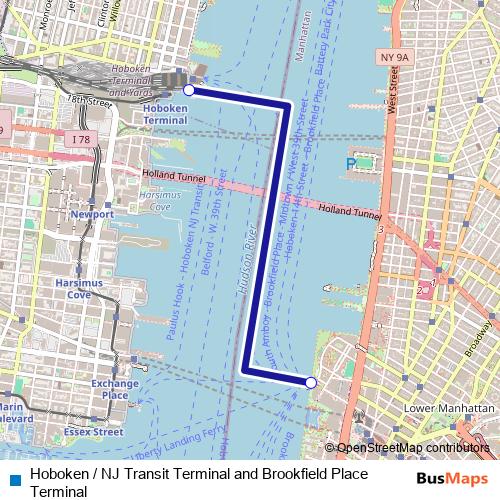 Hoboken / NJ Transit Terminal and Brookfield Place Terminal ferry Line Map