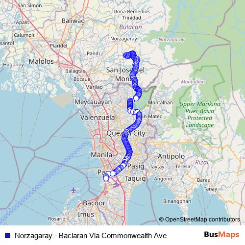 Norzagaray - Baclaran Via Commonwealth Ave bus Line Map