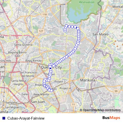 Cubao-Arayat-Fairview bus Line Map