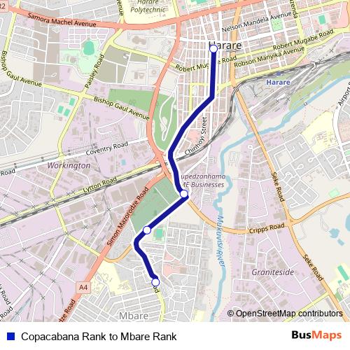 Copacabana Rank to Mbare Rank bus Line Map