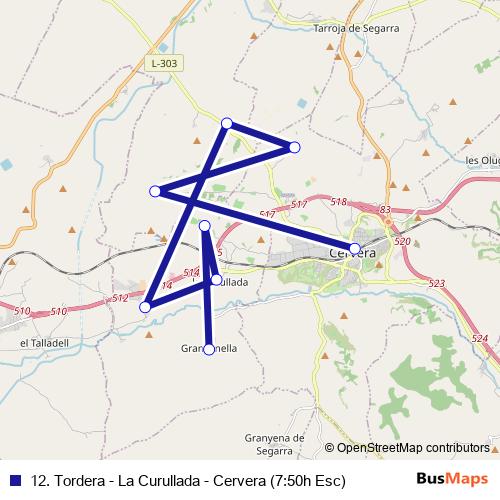 12. Tordera - La Curullada - Cervera (7:50h Esc) bus Line Map