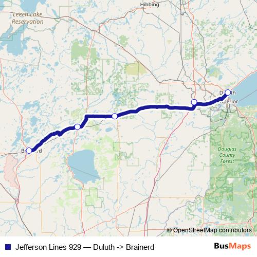 Jefferson Lines 929 bus Line Map