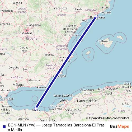 BCN-MLN (Yw) air Line Map