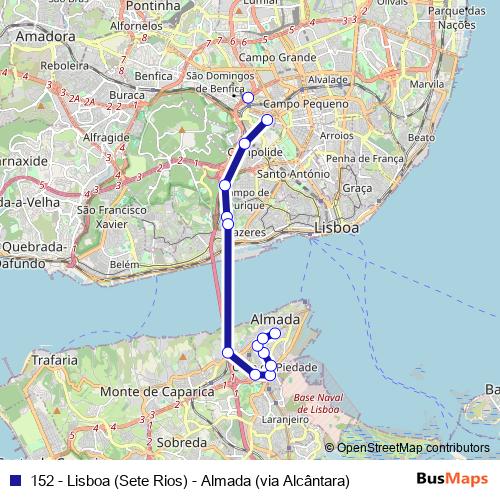 152 - Lisboa (Sete Rios) - Almada (via Alcântara) bus Line Map