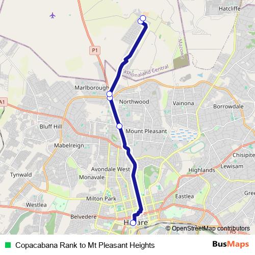 Copacabana Rank to Mt Pleasant Heights bus Line Map