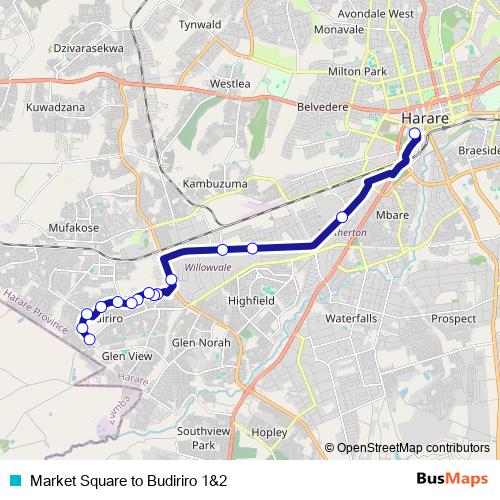 Market Square to Budiriro 1&2 bus Line Map