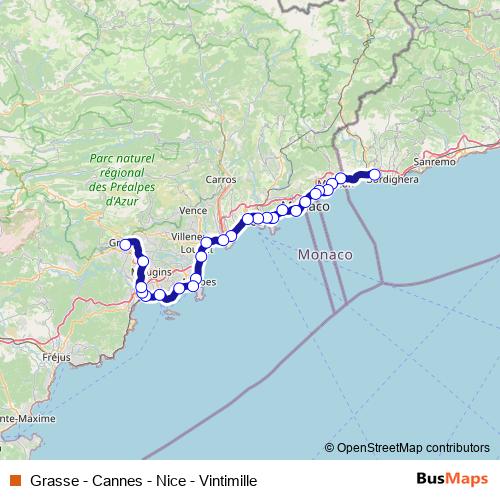 Grasse - Cannes - Nice - Vintimille rail Line Map