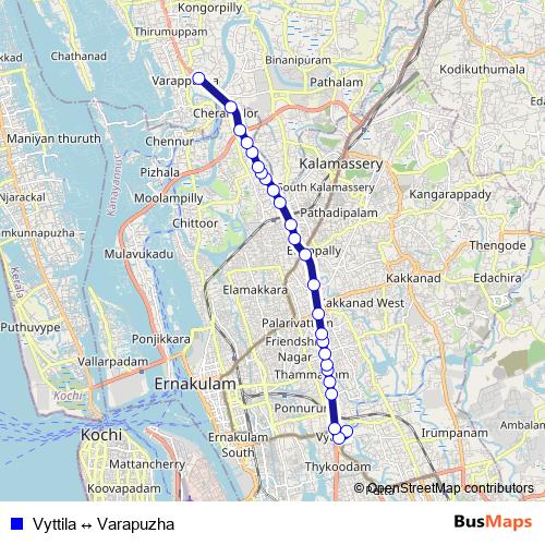 Vyttila ↔ Varapuzha bus Line Map