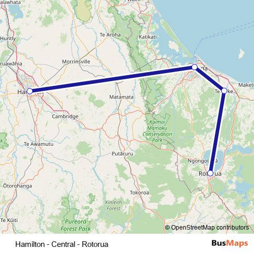 Hamilton - Central - Rotorua bus Line Map