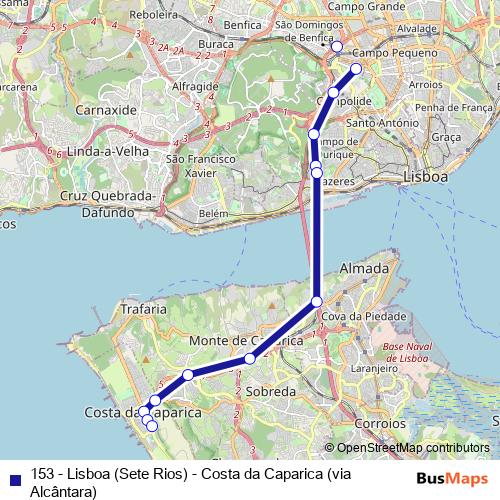 153 - Lisboa (Sete Rios) - Costa da Caparica (via Alcântara) bus Line Map