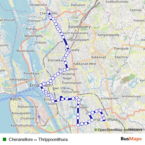 Cheranellore ↔ Thrippoonithura bus Line Map