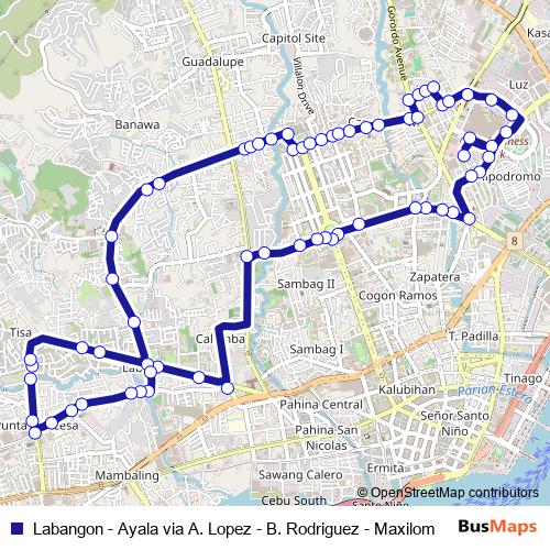 Labangon - Ayala via A. Lopez - B. Rodriguez - Maxilom bus Line Map